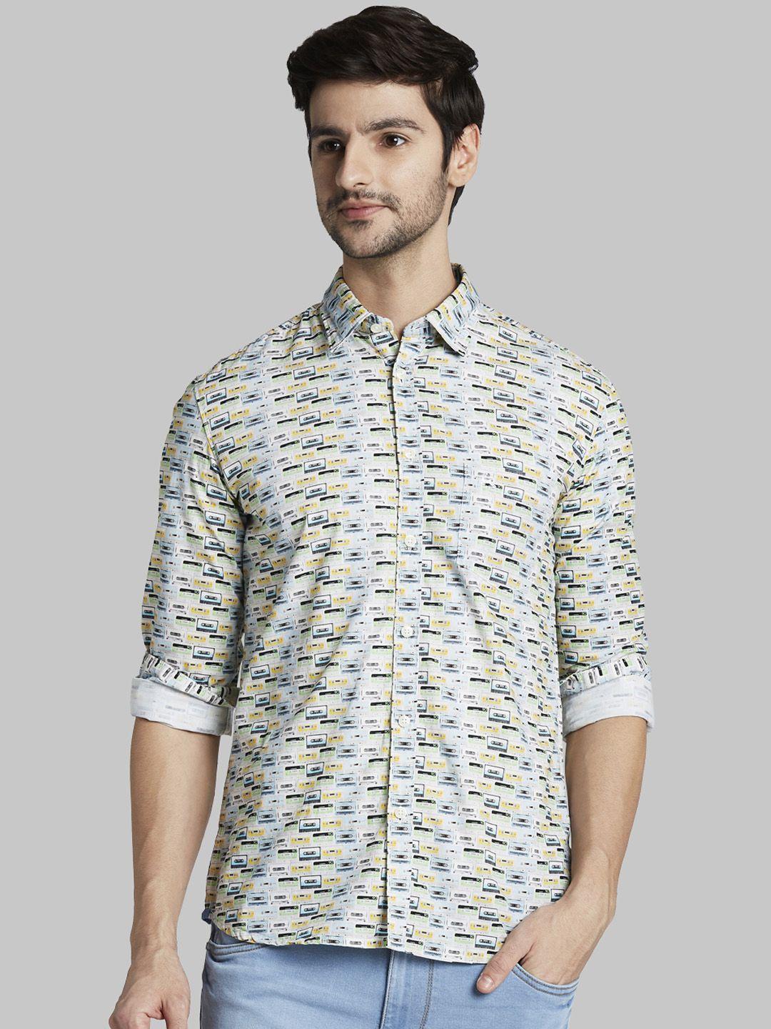 parx men off-white & blue slim fit printed casual shirt