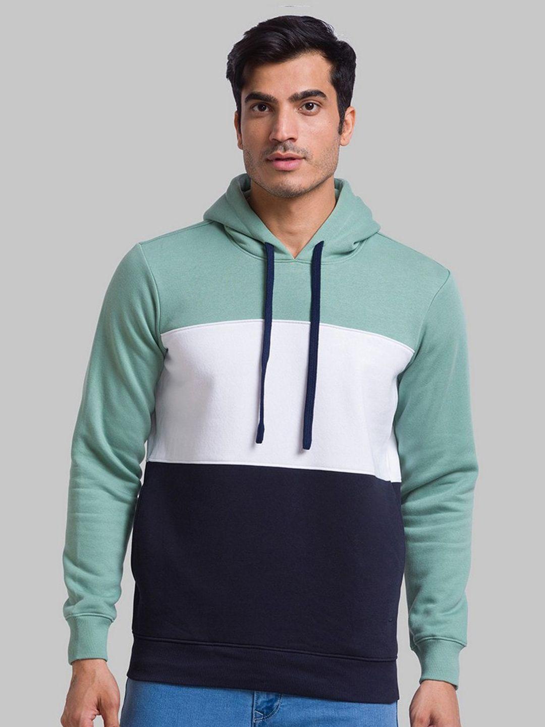 parx men sea green colourblocked hooded sweatshirt