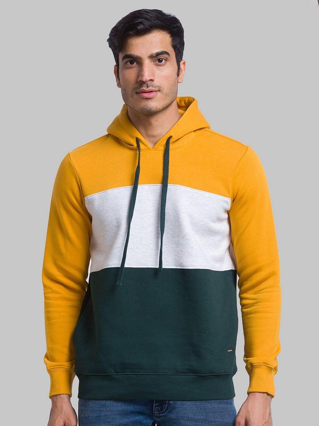 parx men yellow colourblocked hooded sweatshirt