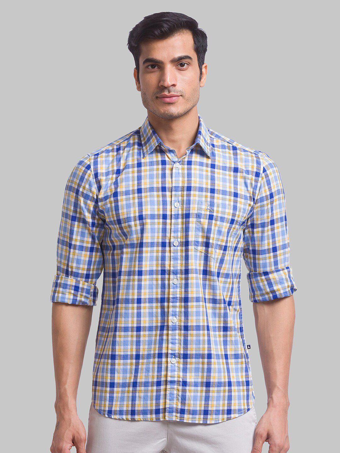 parx men yellow slim fit checked casual shirt