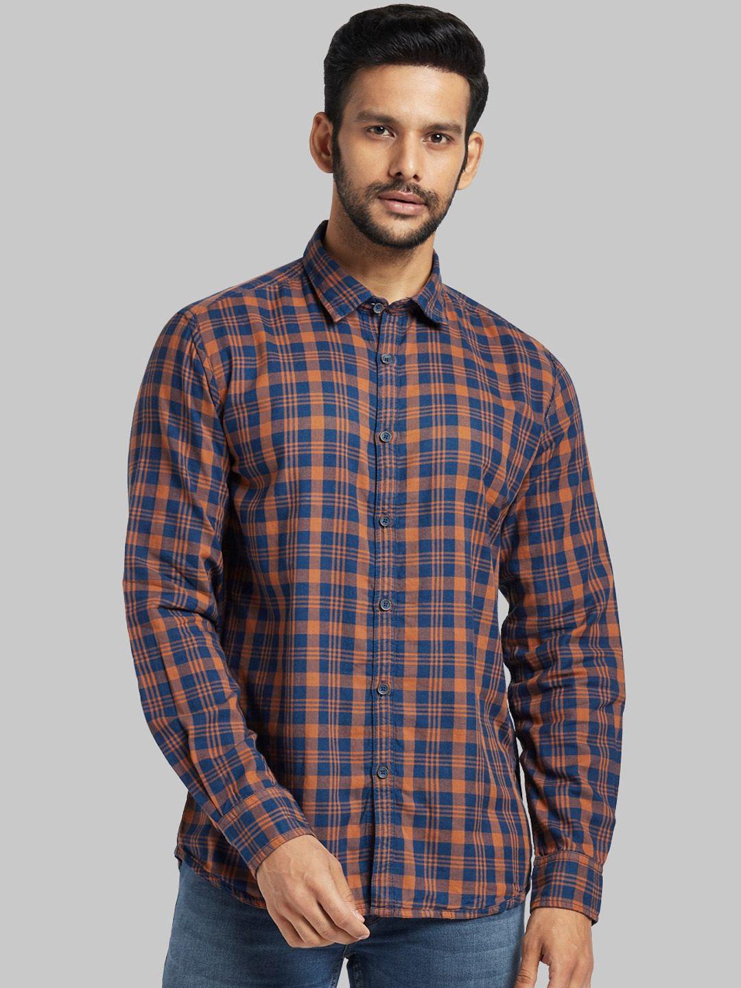 parx menblue & rust checked slim fit casual shirt