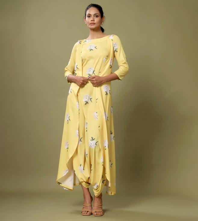 pasha india yellow floral finesse floral dhoti jumpsuit with cape