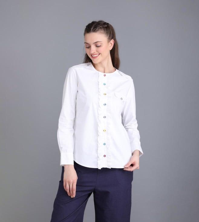 pashma white front ruffled collarless shirt