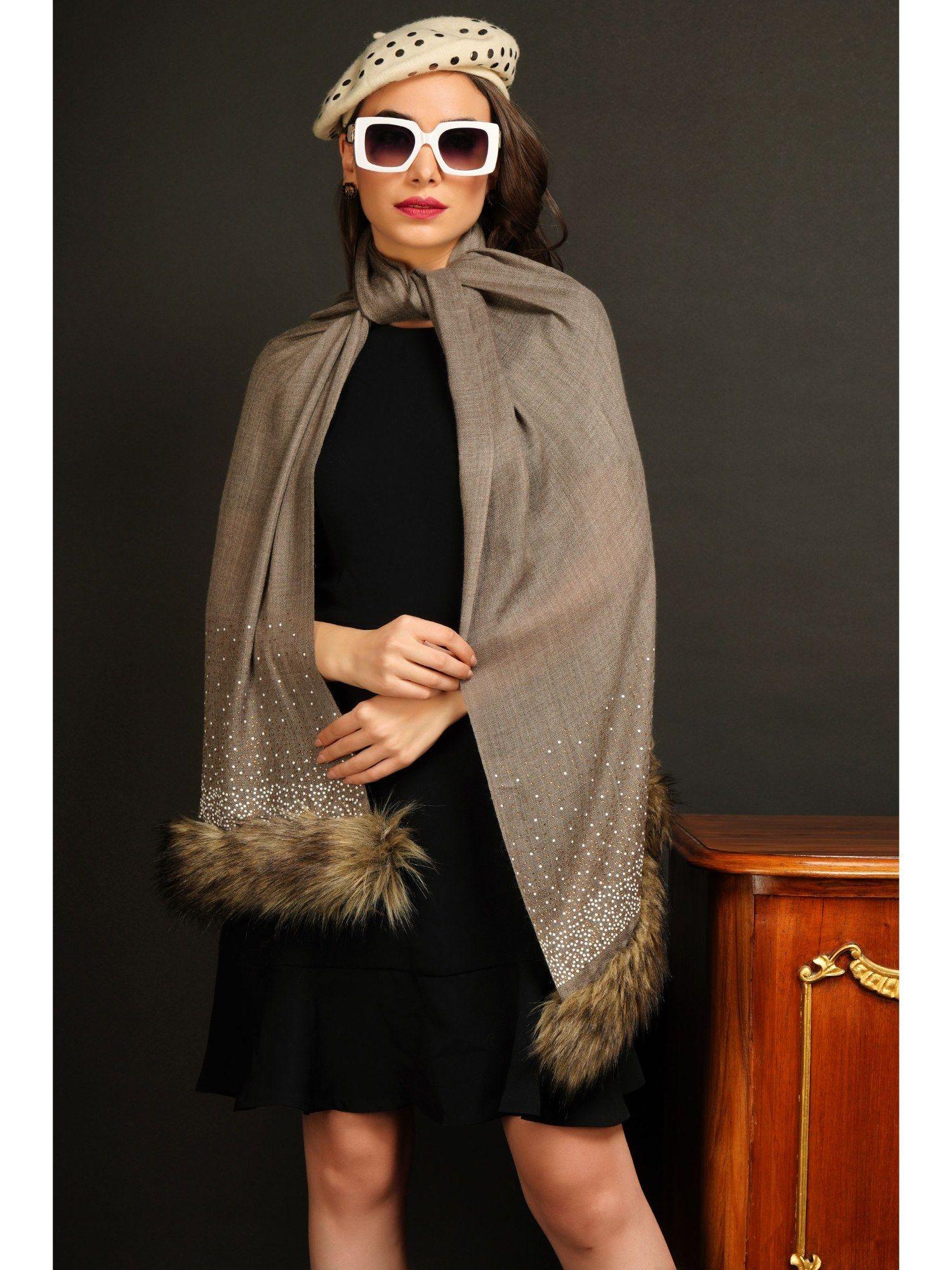 pashmina grey blend stone work with both side fur border stole