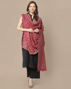 pashmina wool kani kalamkari & kashmiri handloom shawl with tassels