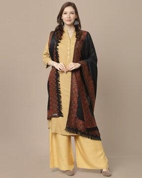 pashmina wool self-design woven kashmiri shawl with tassels