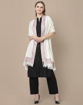pashmina wool self-design woven kashmiri shawl with tassels