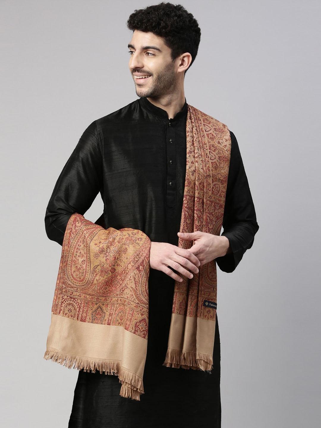 pashmoda men brown woven design wool shawl