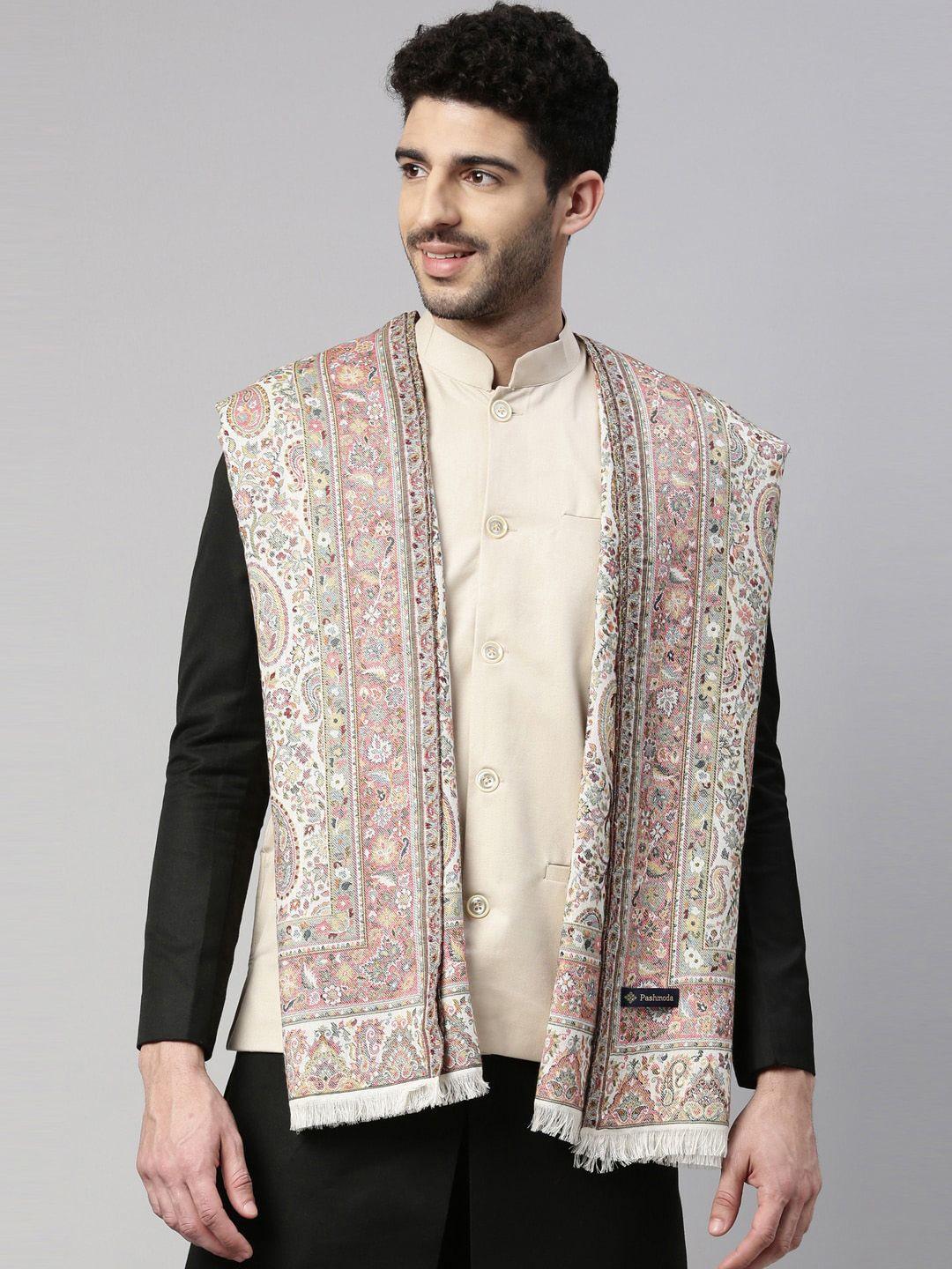 pashmoda men white & red woven design shawl