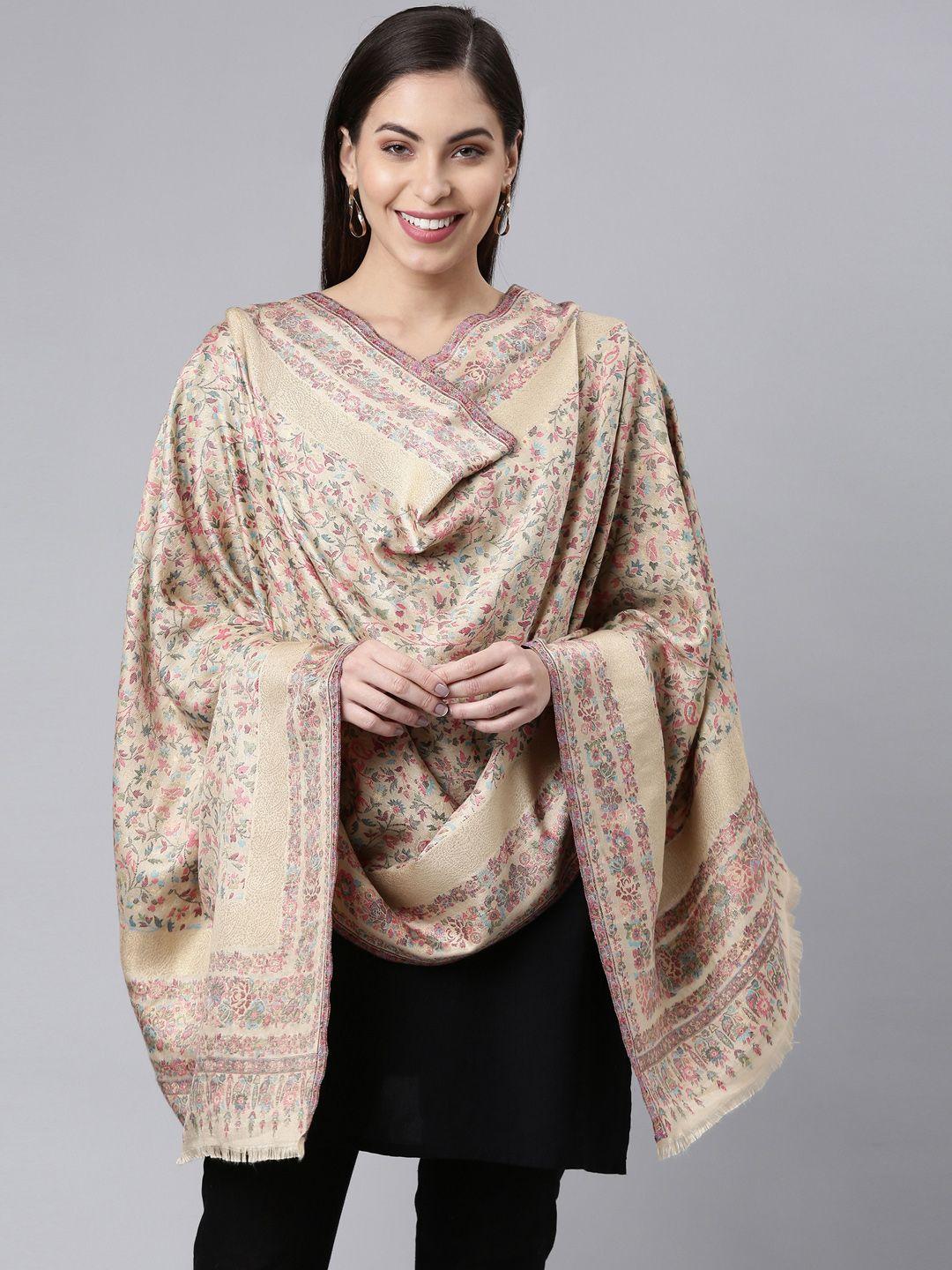 pashmoda women beige floral design woven shawl