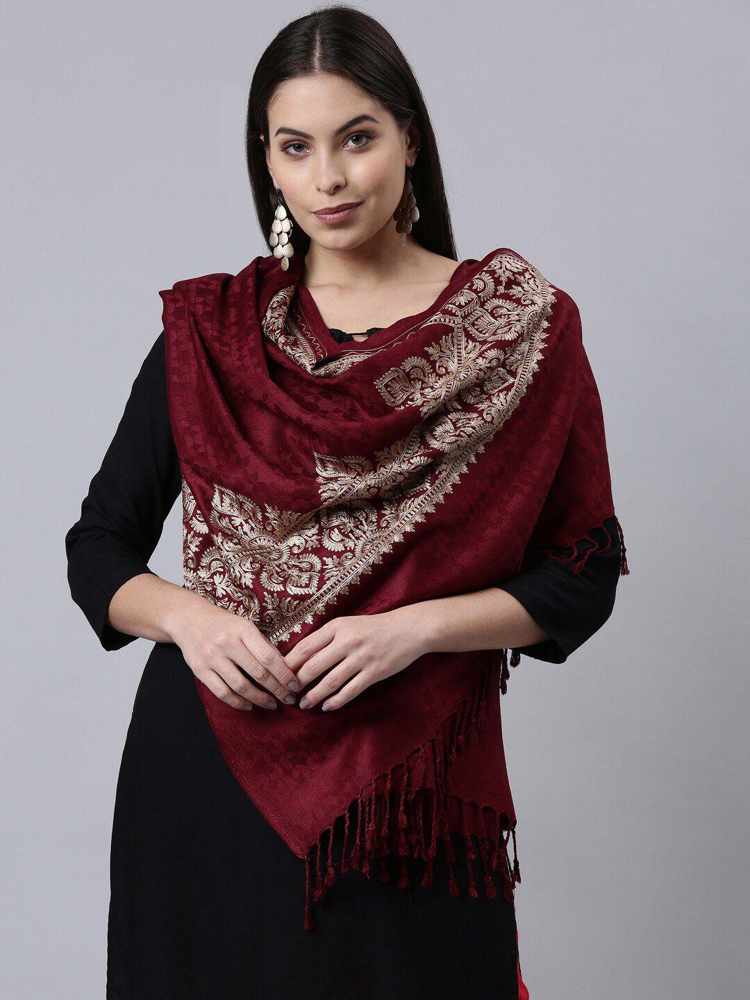 pashmoda women maroon tasselled embroidered shawl