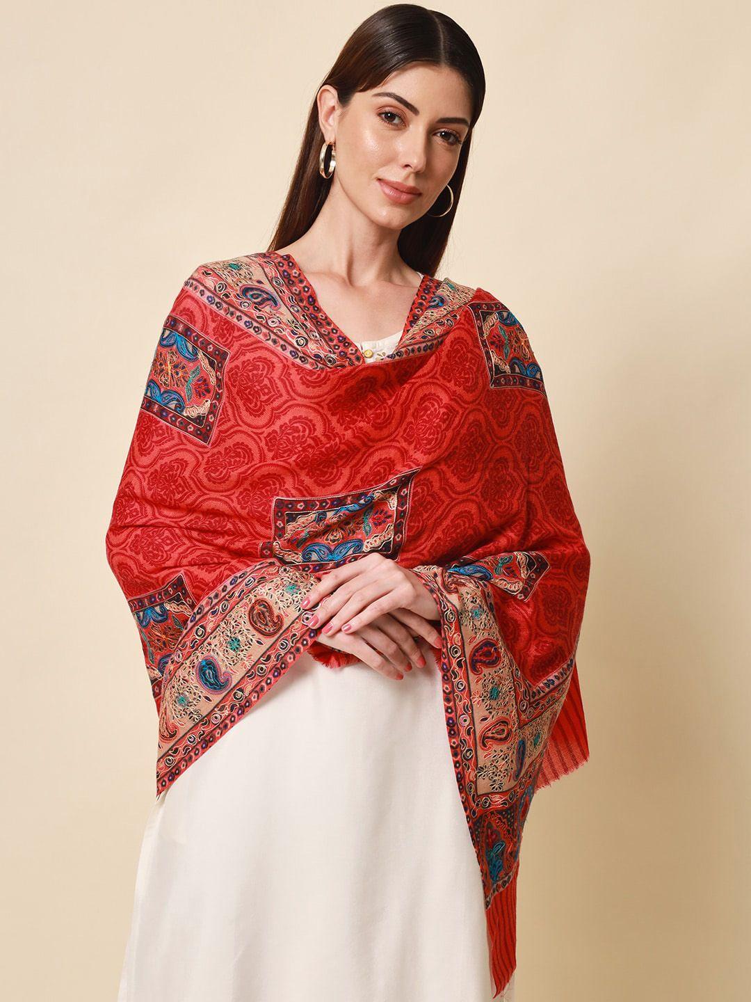 pashmoda women red embroidered wool shawl