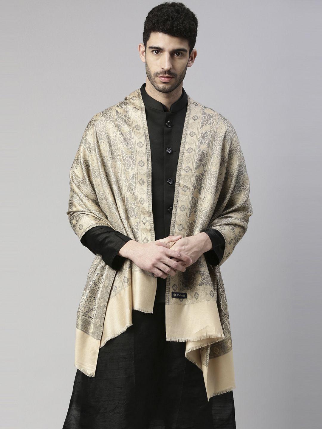 pashmoda men beige woven design shawl