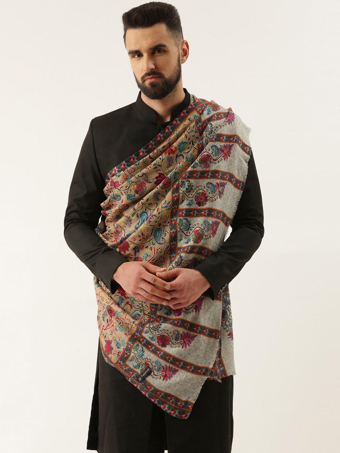 pashmoda men embroidered floral pure-wool shawl