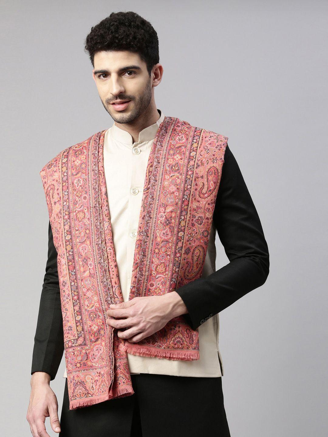 pashmoda men peach-coloured woven design shawl