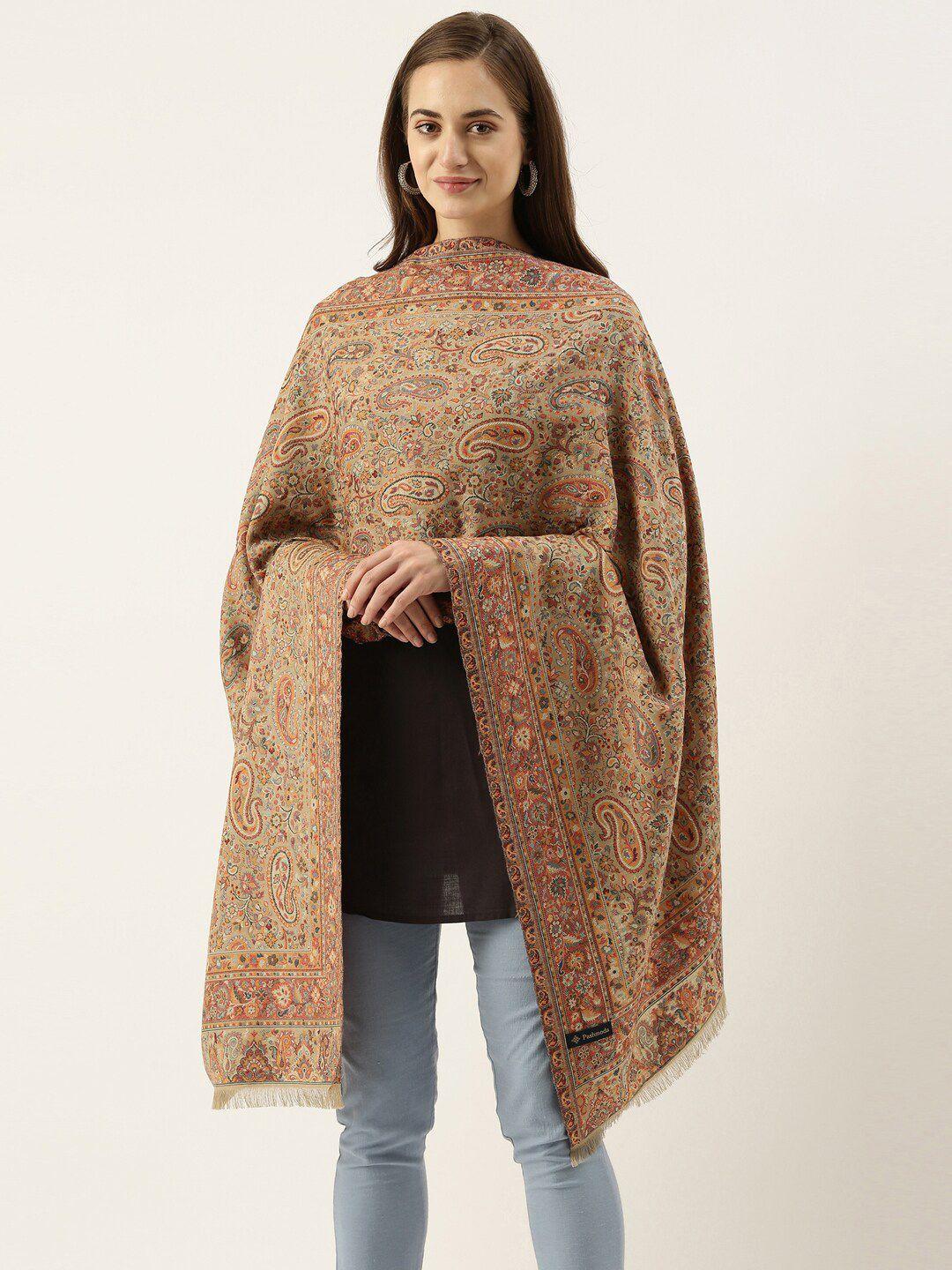 pashmoda women beige & brown woven design wool stole