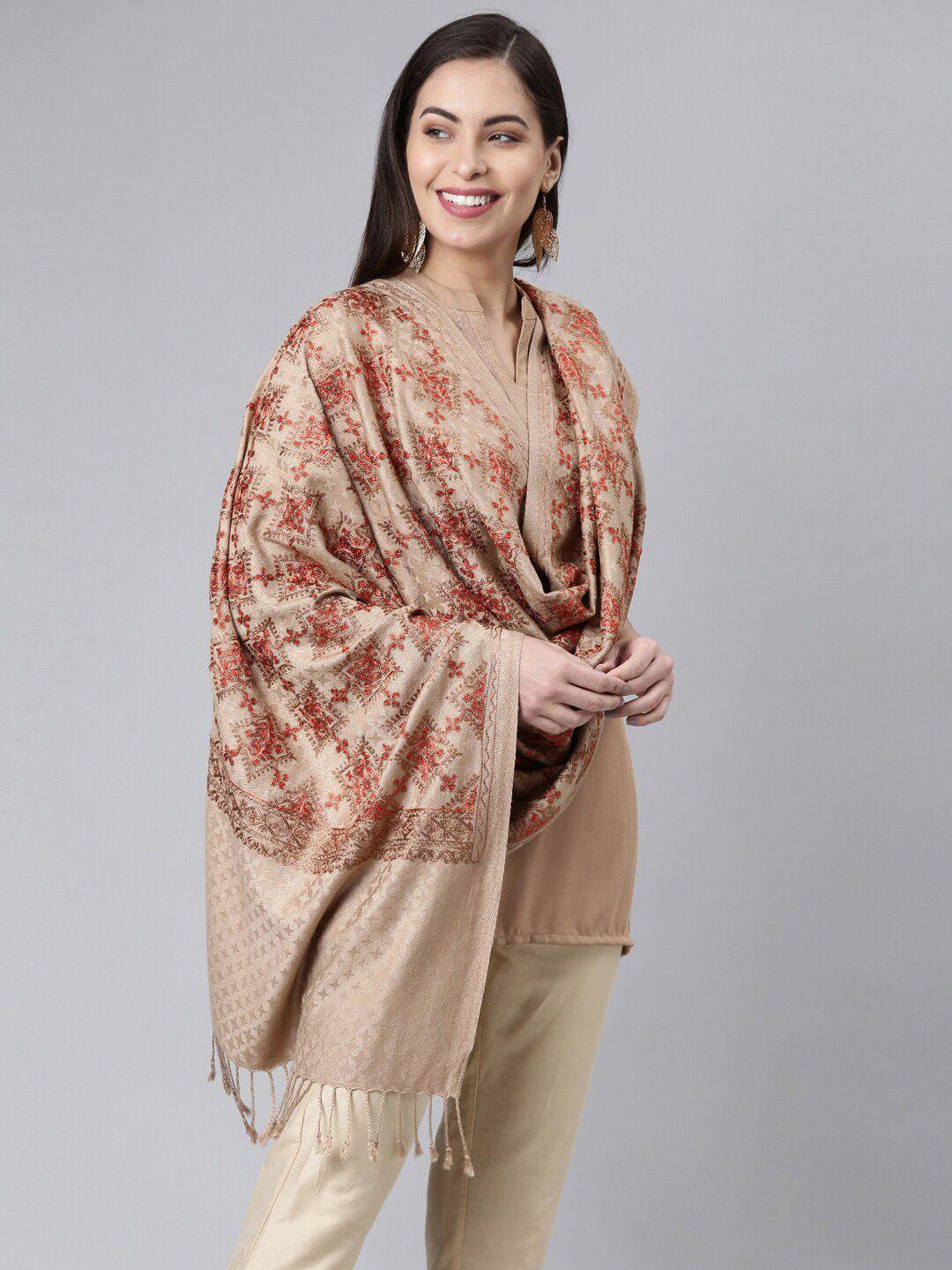 pashmoda women beige & maroon aari embroidered shawl