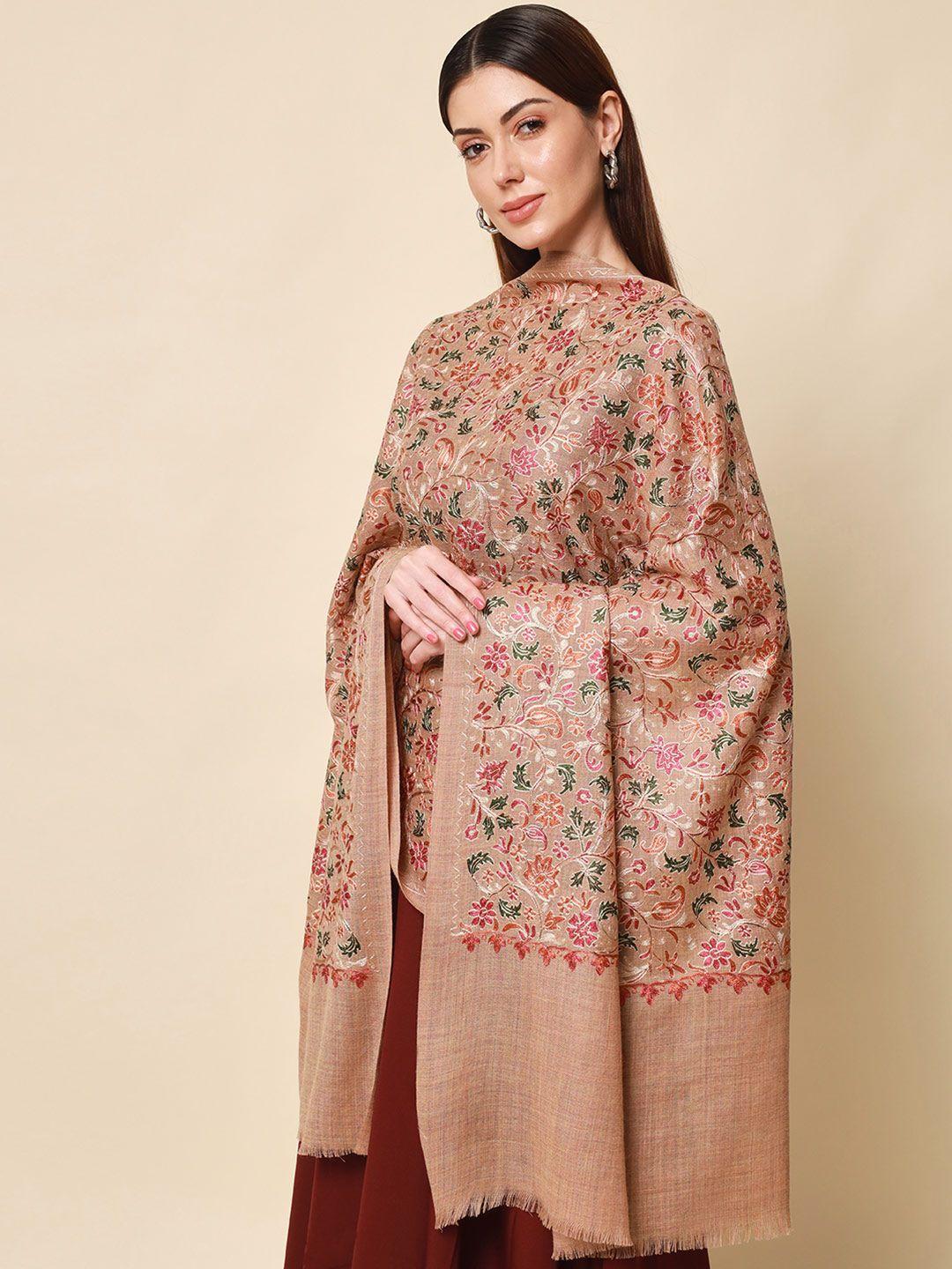 pashmoda women beige & red floral embroidered woolen shawl
