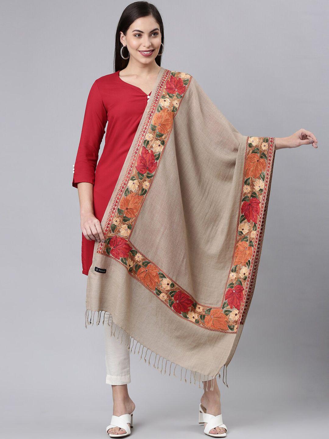 pashmoda women beige embroidered pure wool shawl