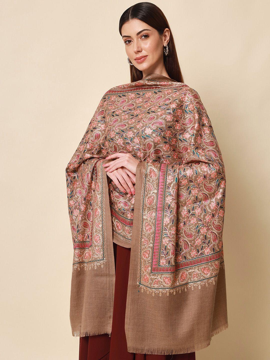 pashmoda women beige embroidered pure wool shawl