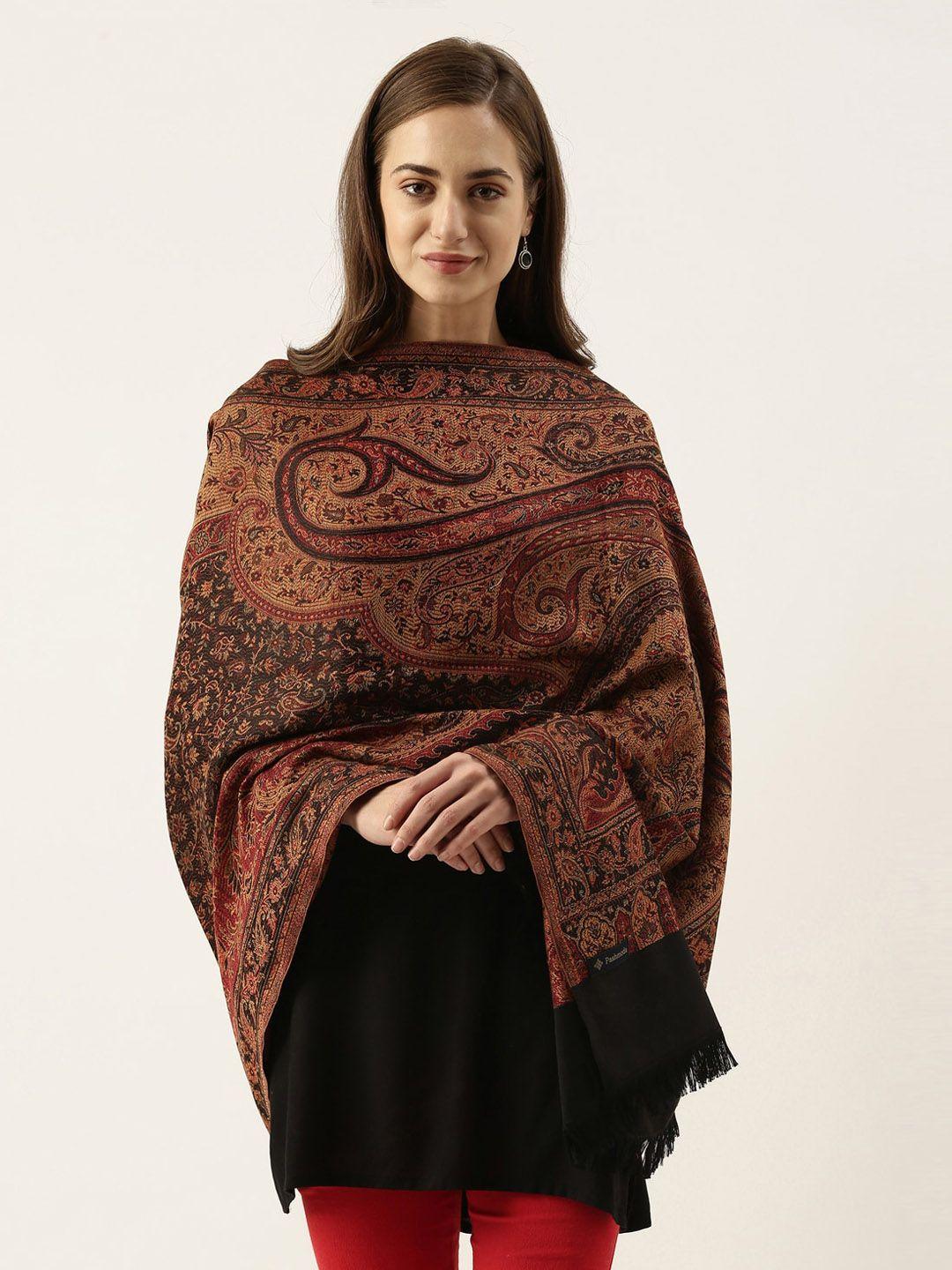 pashmoda women black & maroon woven design jamawar shawl