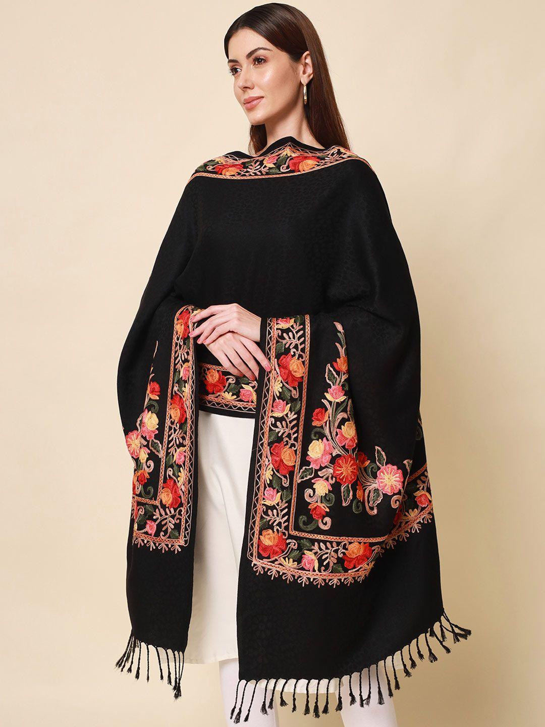 pashmoda women black floral embroidered shawl