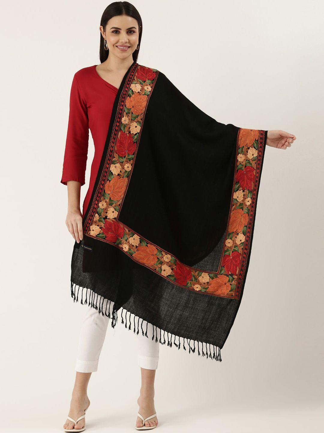 pashmoda women black floral embroidered woolen shawl