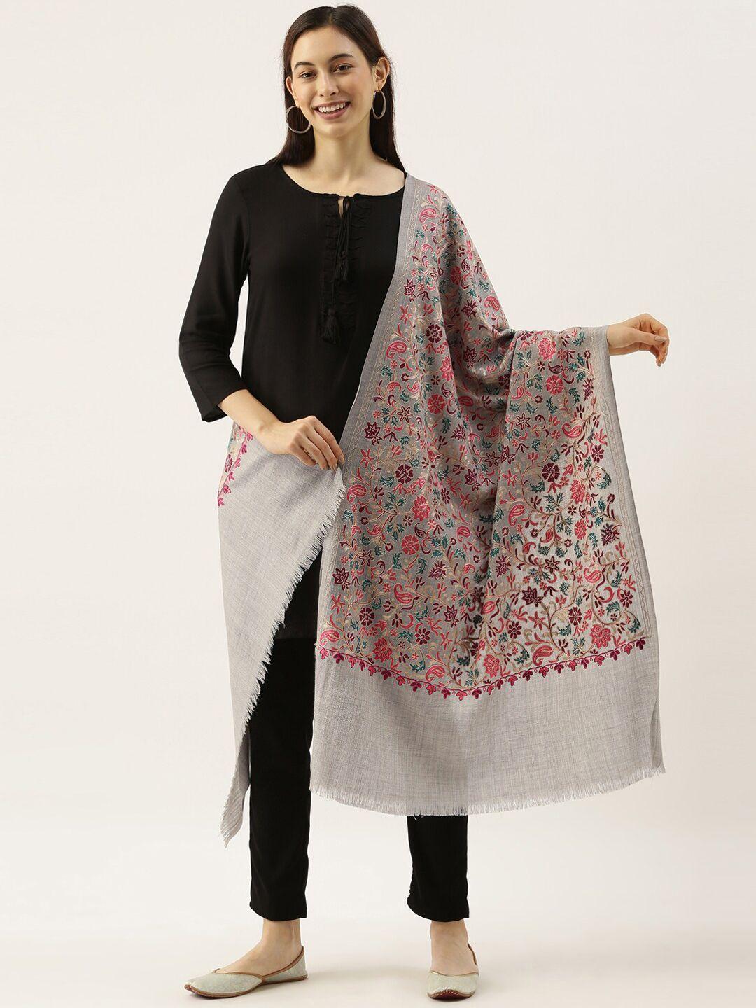 pashmoda women grey & green embroidered pure wool shawl