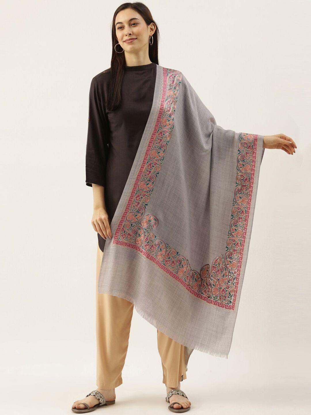 pashmoda women grey & pink embroidered pure wool shawl