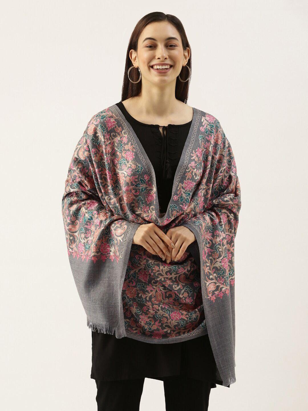 pashmoda women grey & pink embroidered pure wool shawl