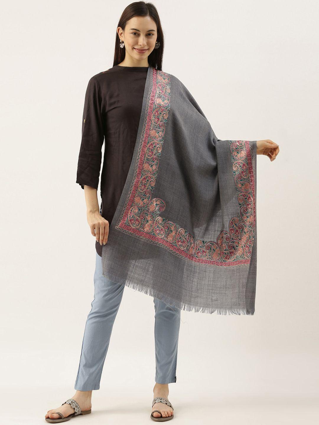 pashmoda women grey & pink paisley embroidered woollen shawl