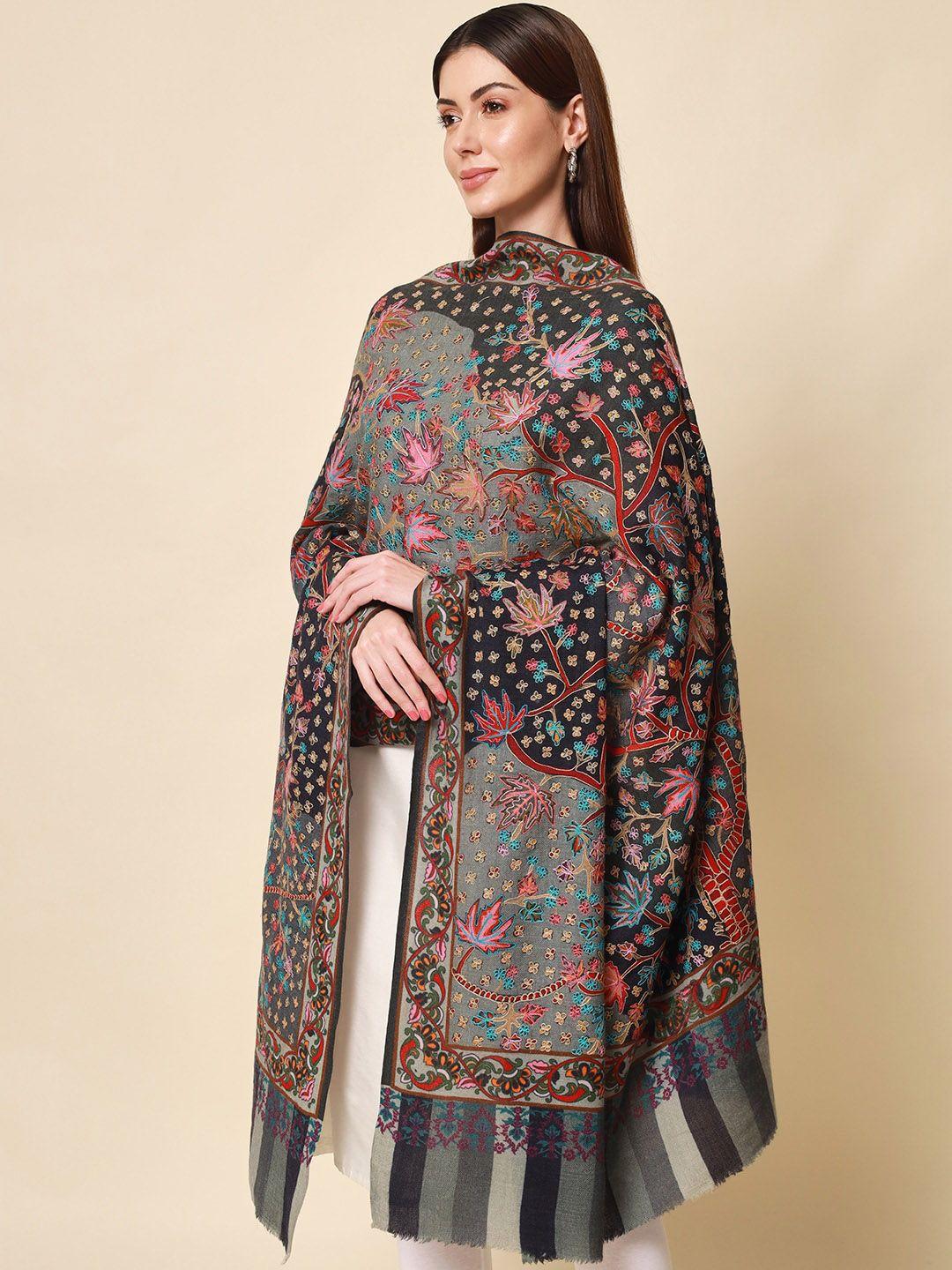 pashmoda women grey embroidered pure wool shawl