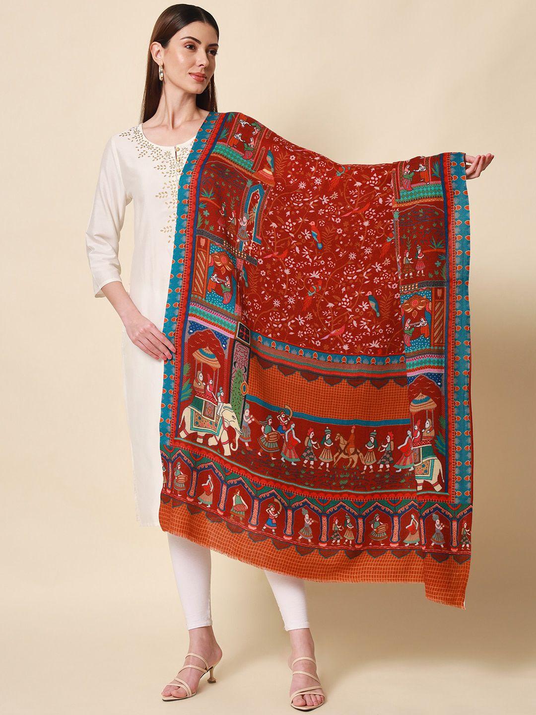 pashmoda women maroon printed pure wool shawl