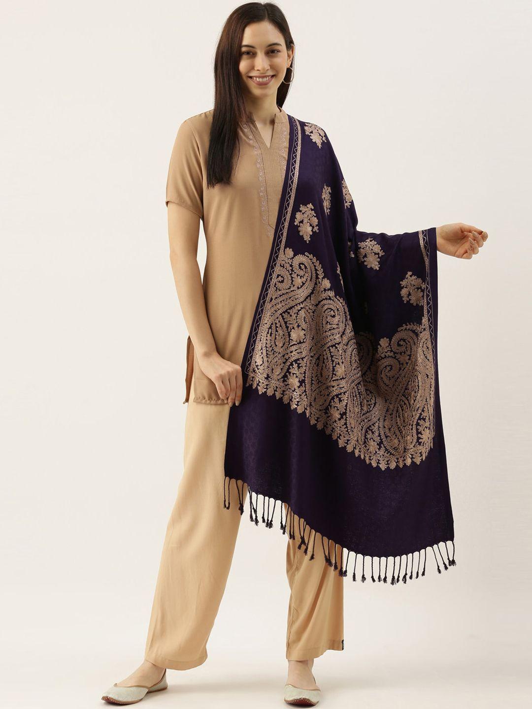 pashmoda women navy blue & beige aari embroidered shawl