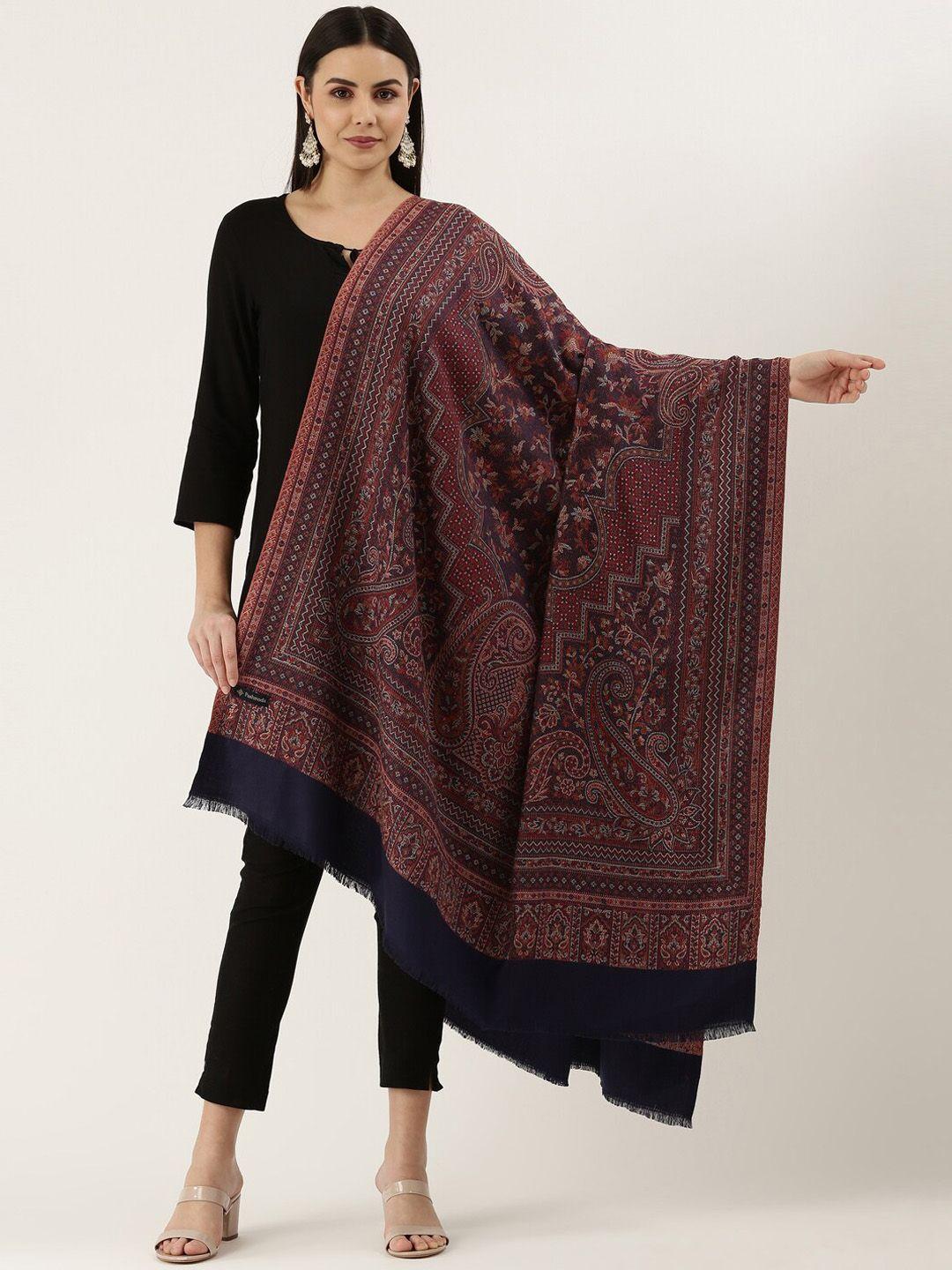 pashmoda women navy blue & brown woven design wool jamawar shawl