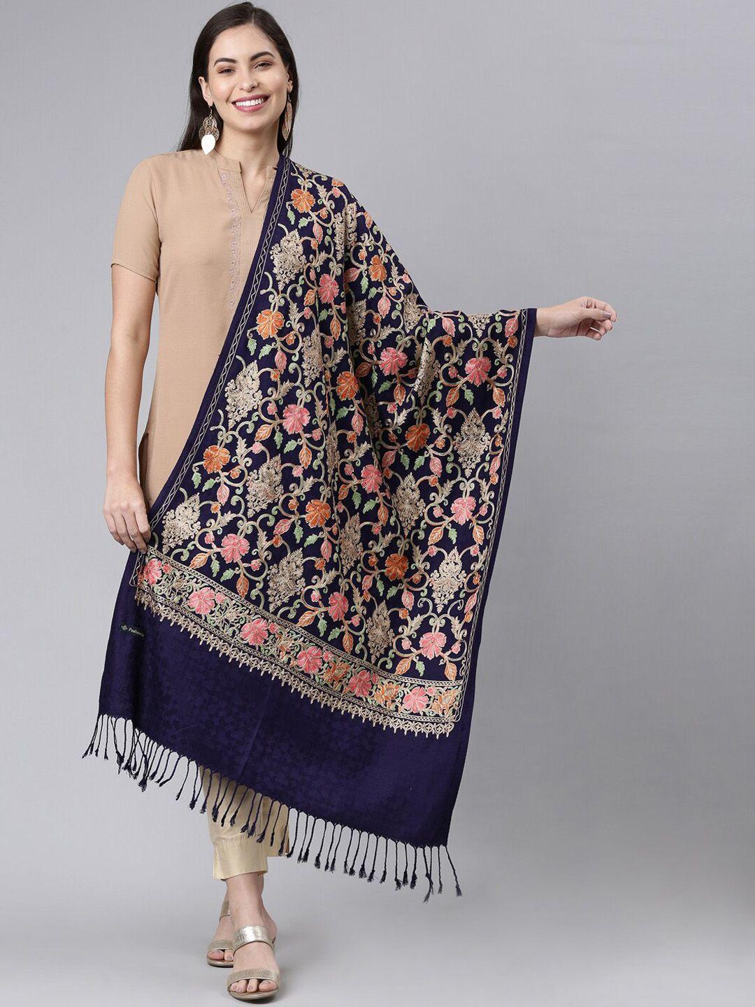 pashmoda women navy blue embroidered shawl