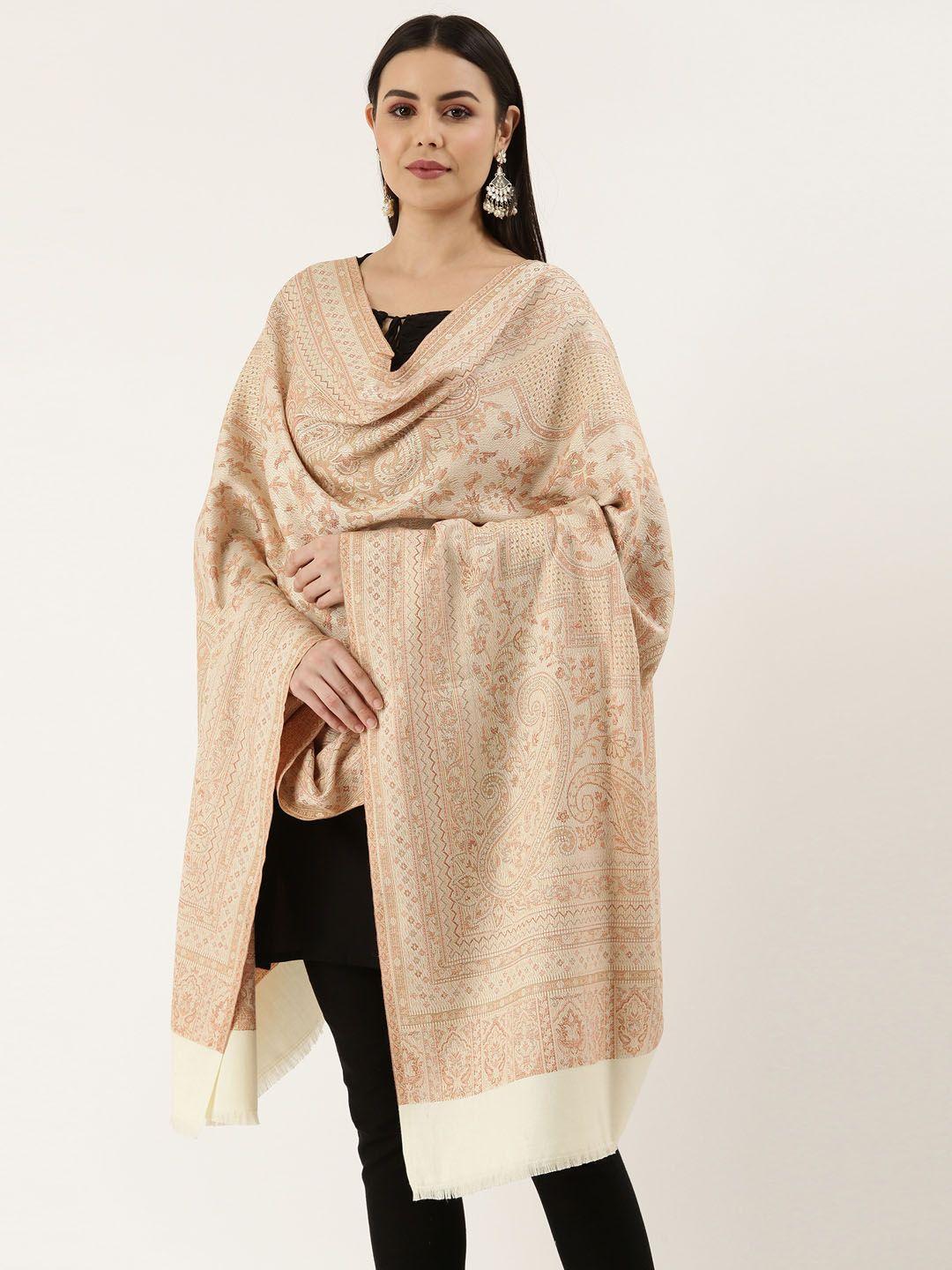 pashmoda women off- white woven design wool jamawar shawl