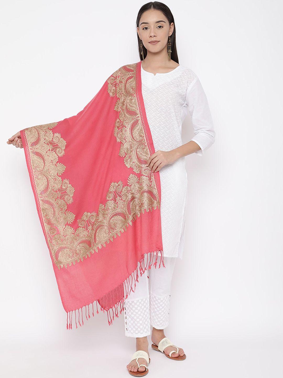 pashmoda women pink & gold-coloured floral embroidered pure wool stole