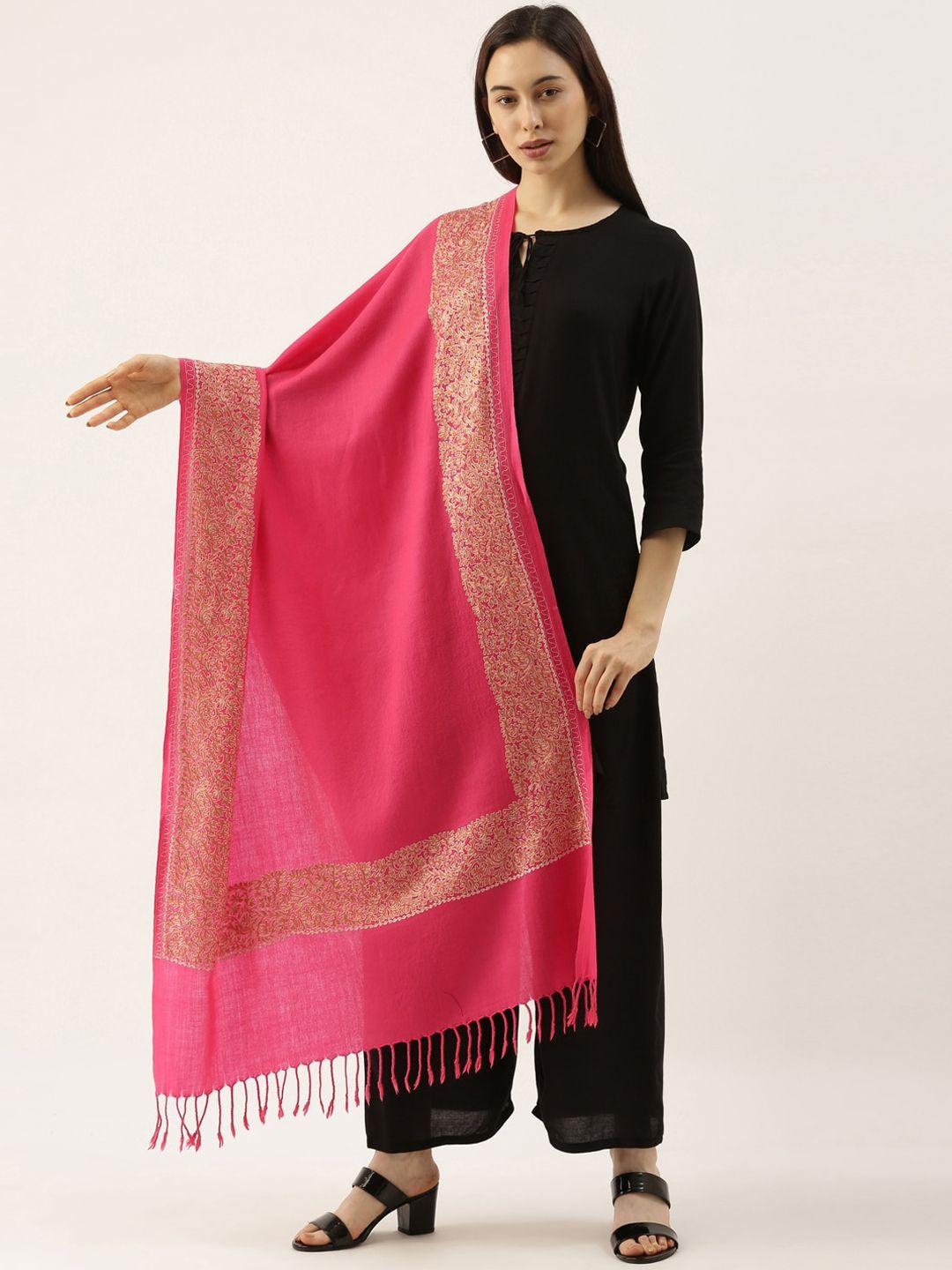 pashmoda women pink floral embroidered woollen shawl