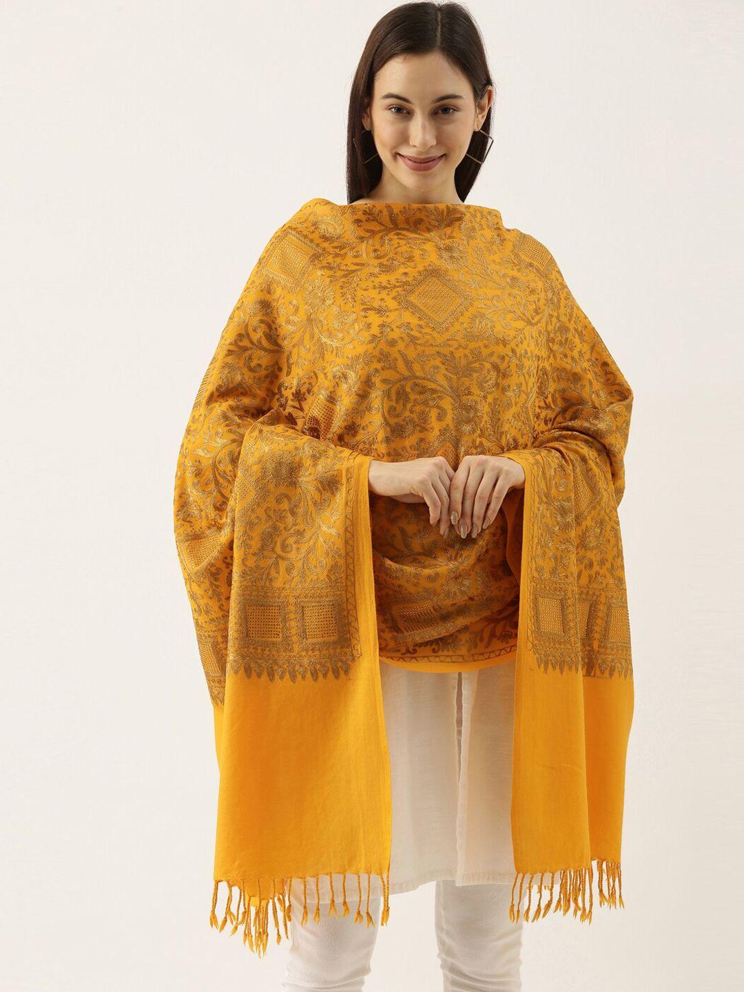 pashmoda women pure woolen yellow floral embroidered shawl