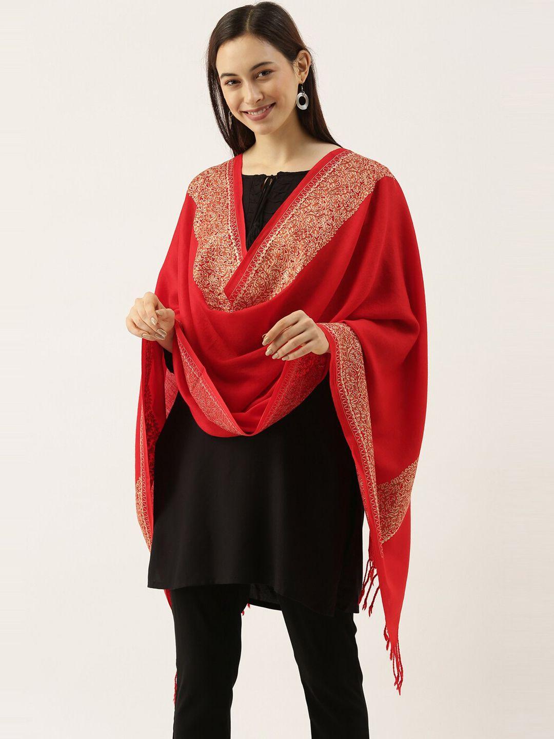 pashmoda women red & beige embroidered pure wool shawl