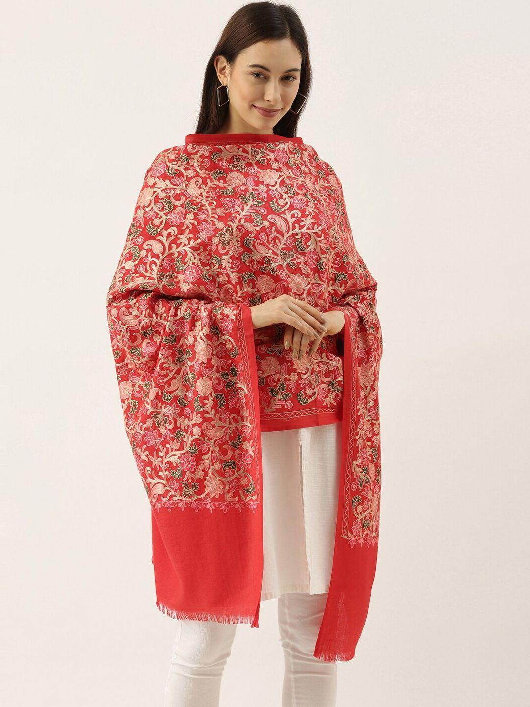 pashmoda women red & pink nalki embroidered pure woolen shawl