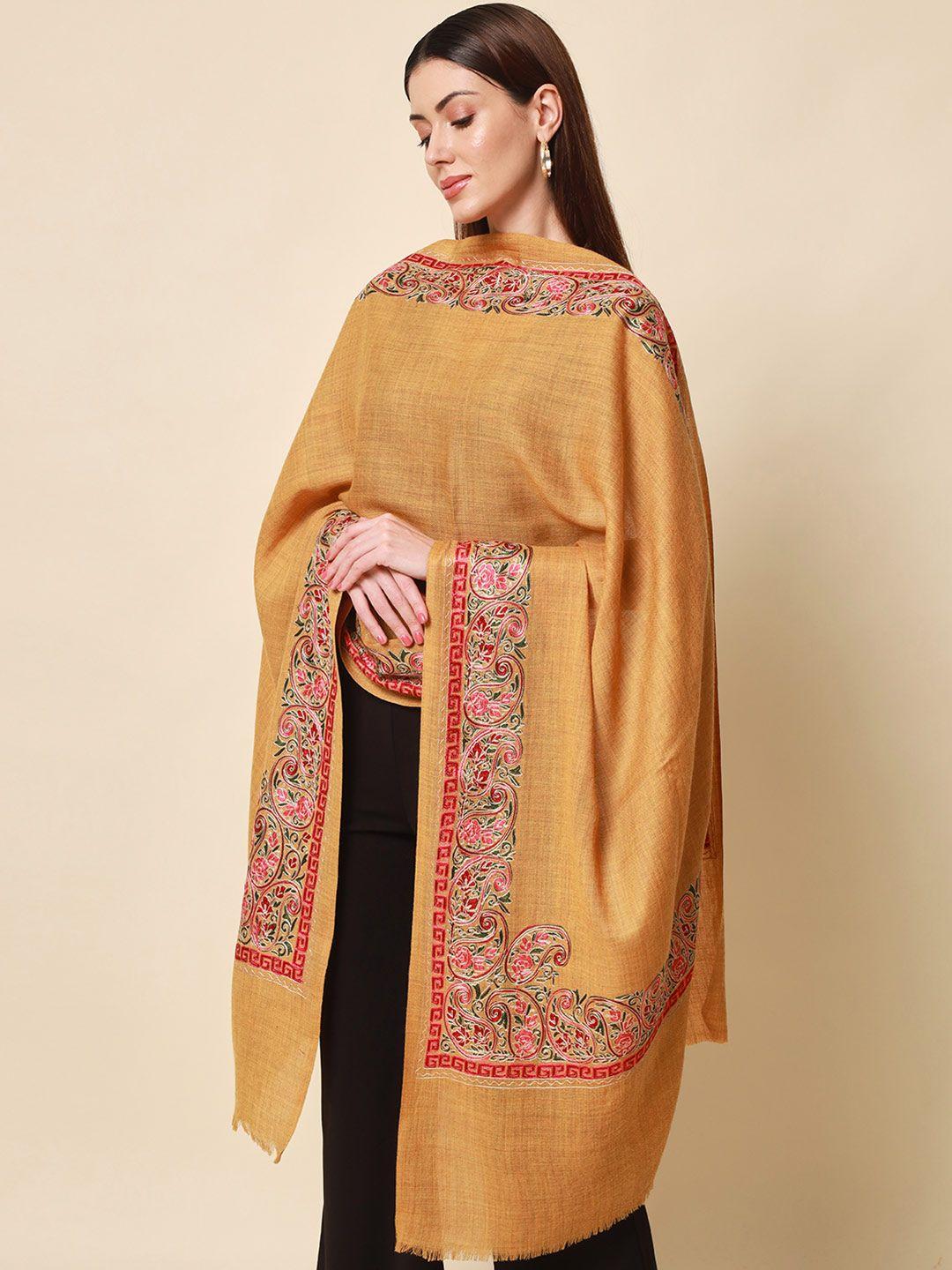 pashmoda women yellow & pink embroidered woolen shawl