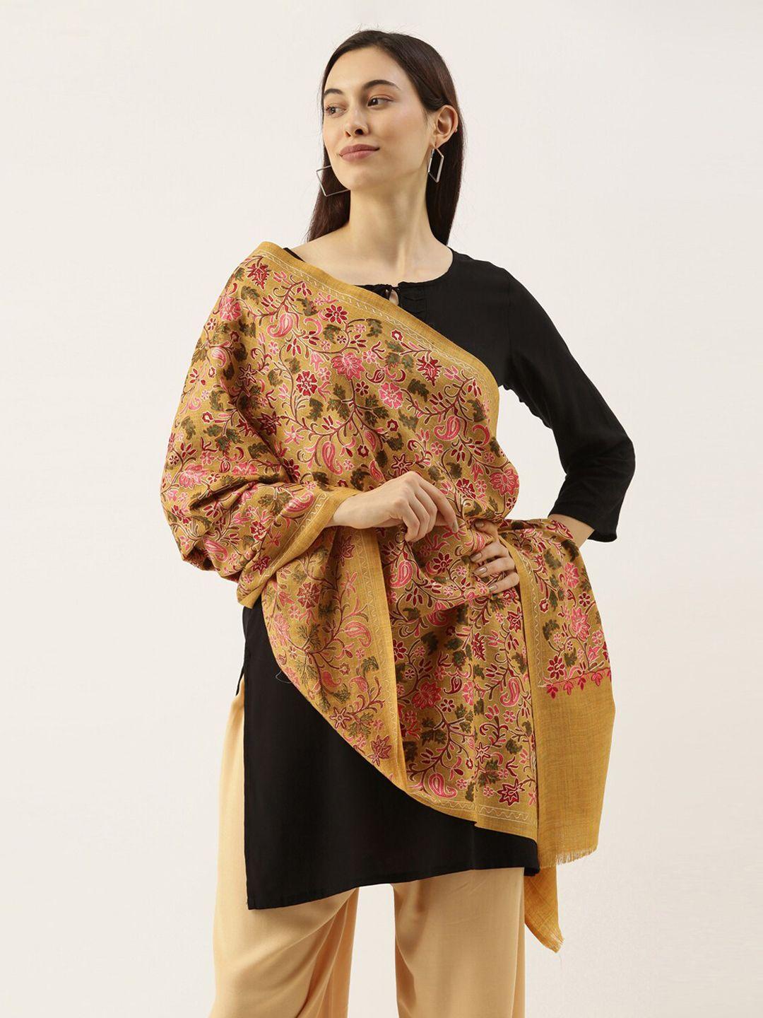 pashmoda women yellow & pink floral embroidered pure wool shawl