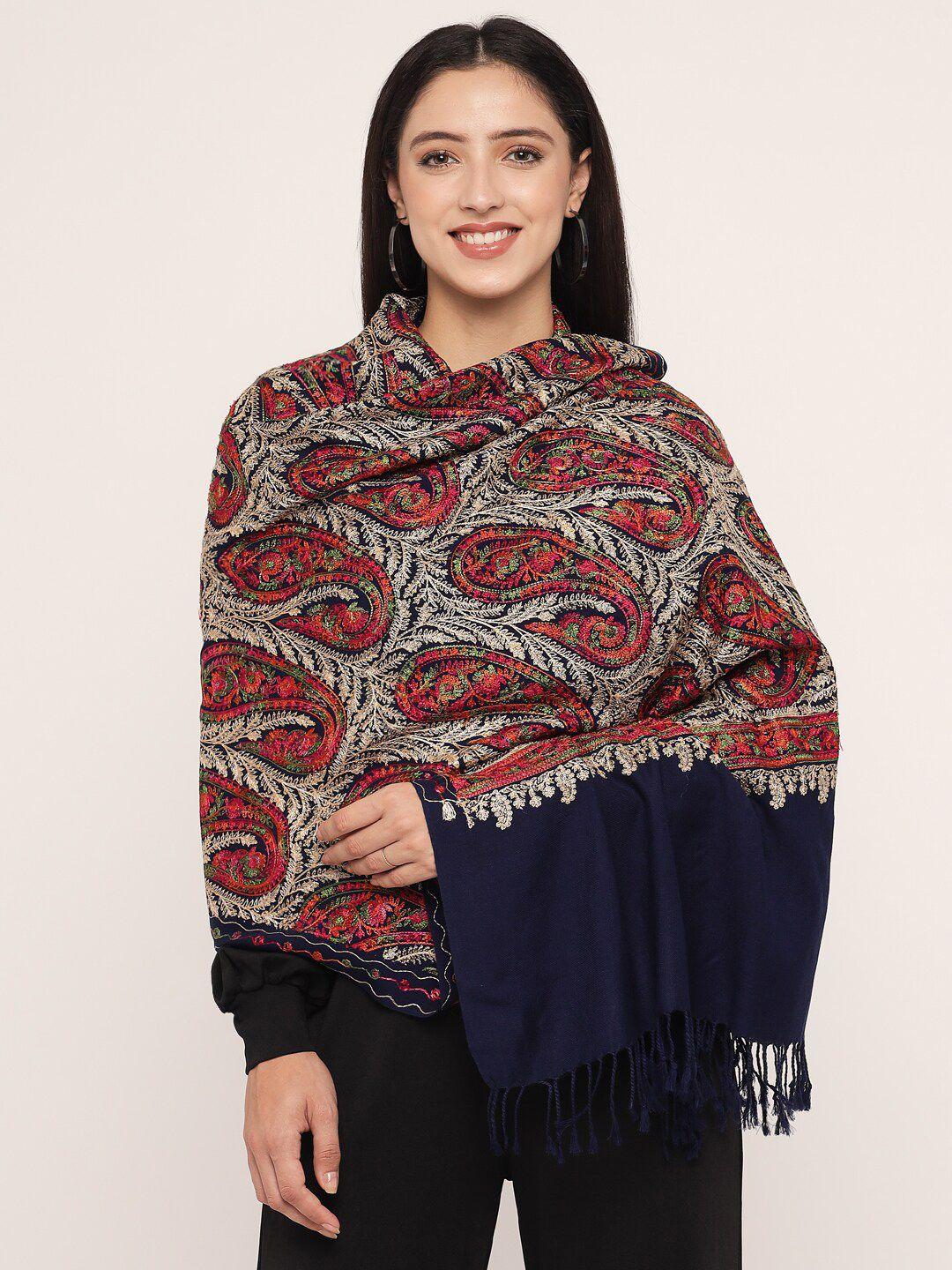 pashtush women navy blue & red embroidered stole