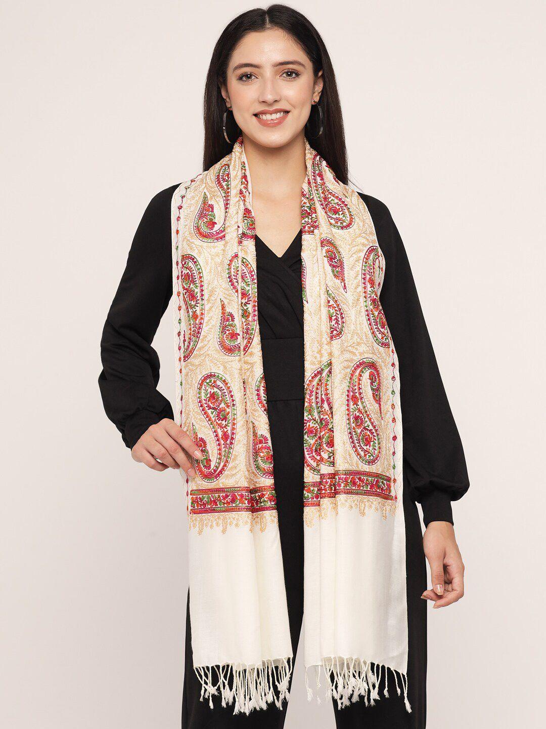 pashtush women white & red embroidered stole