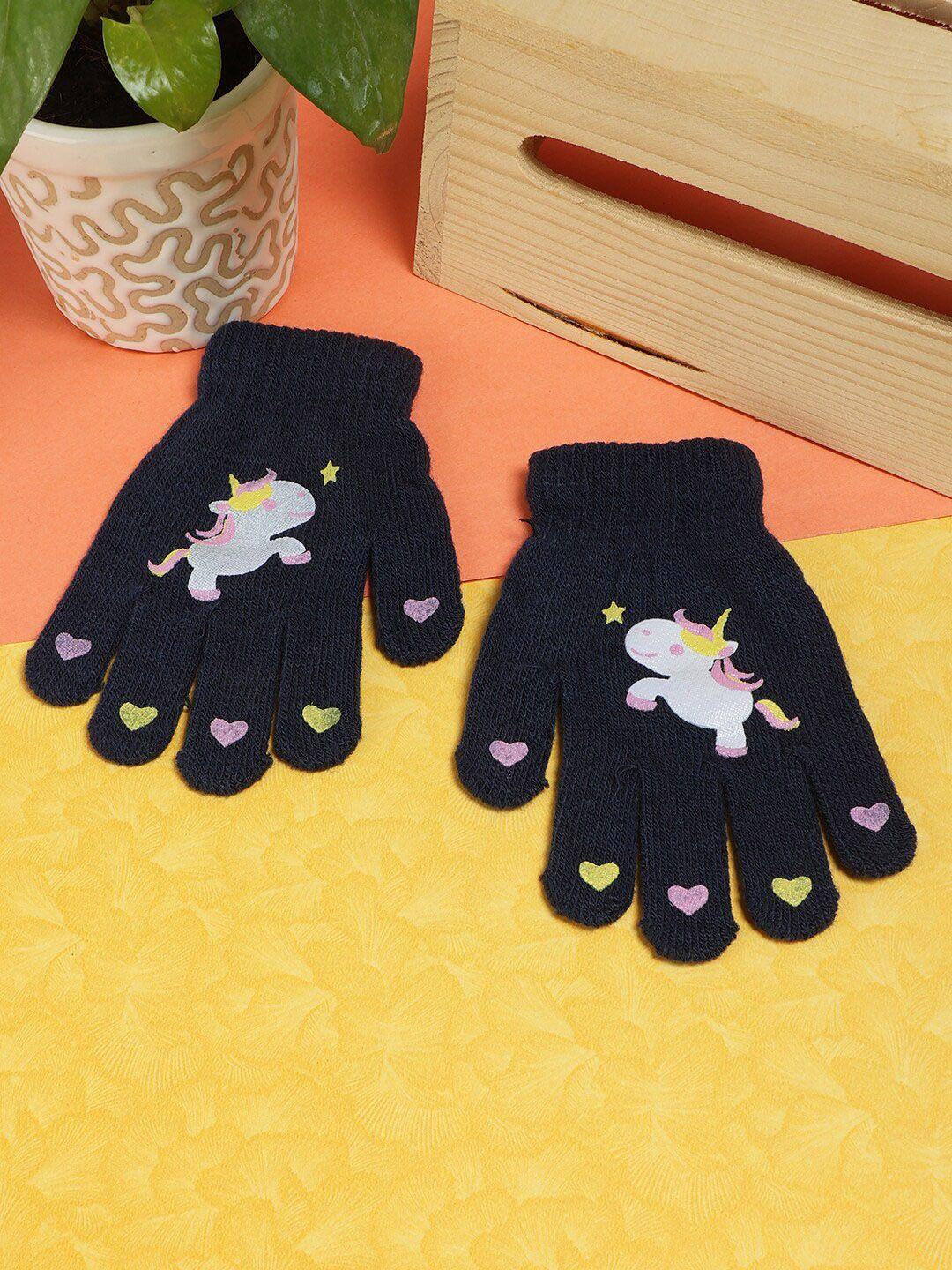 passion petals girls navy blue printed woolen winter gloves