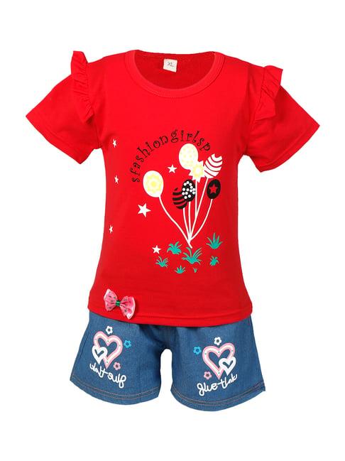 passion-petals-kids-red-cotton-printed-top-&-shorts