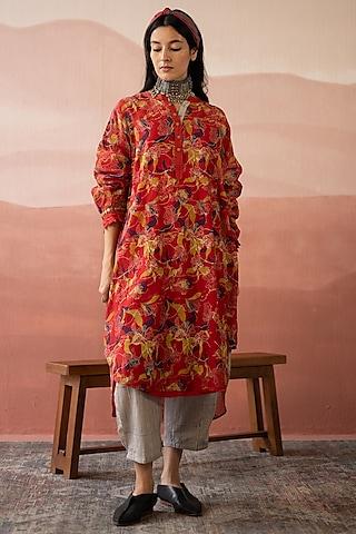 passion red handwoven chanderi hand beaded & block printed kurta set