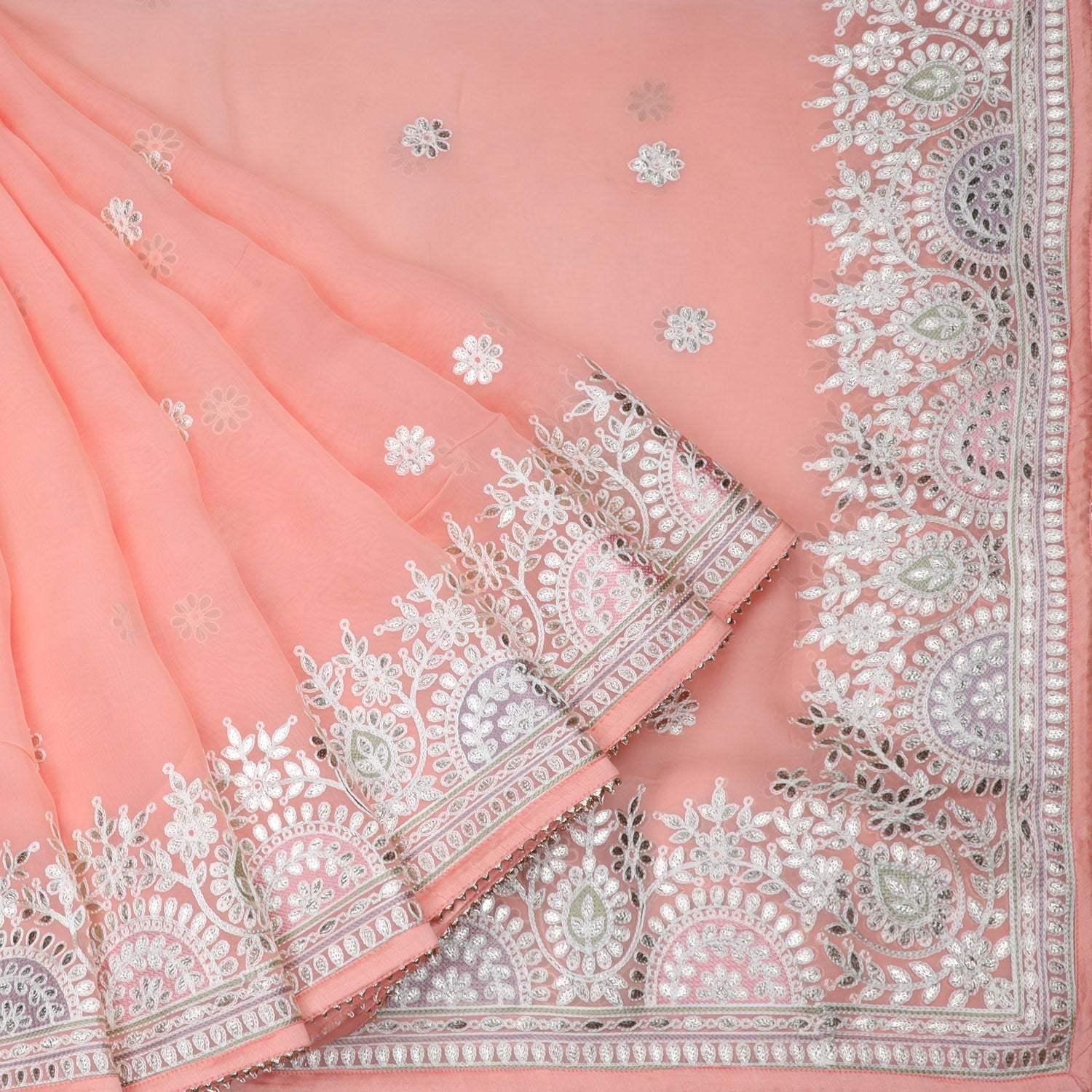 pastel coral pink organza saree with floral embroidery